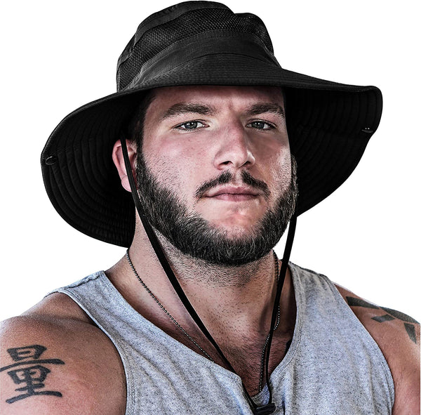 Man wearing the black GearTop Navigator Series wide brim UPF 50+ sun hat with breathable mesh panels and adjustable chin strap for hiking, fishing, and outdoor adventures.