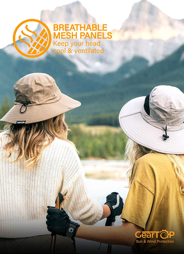 Two hikers wearing GearTop Navigator Series wide brim sun hats with breathable mesh panels that help keep heads cool and ventilated during mountain adventures.