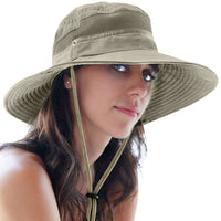 Close-up of the khaki GearTop Navigator Series sun protection hat with a wide brim, breathable mesh band, and secure chin strap for reliable outdoor UV protection.